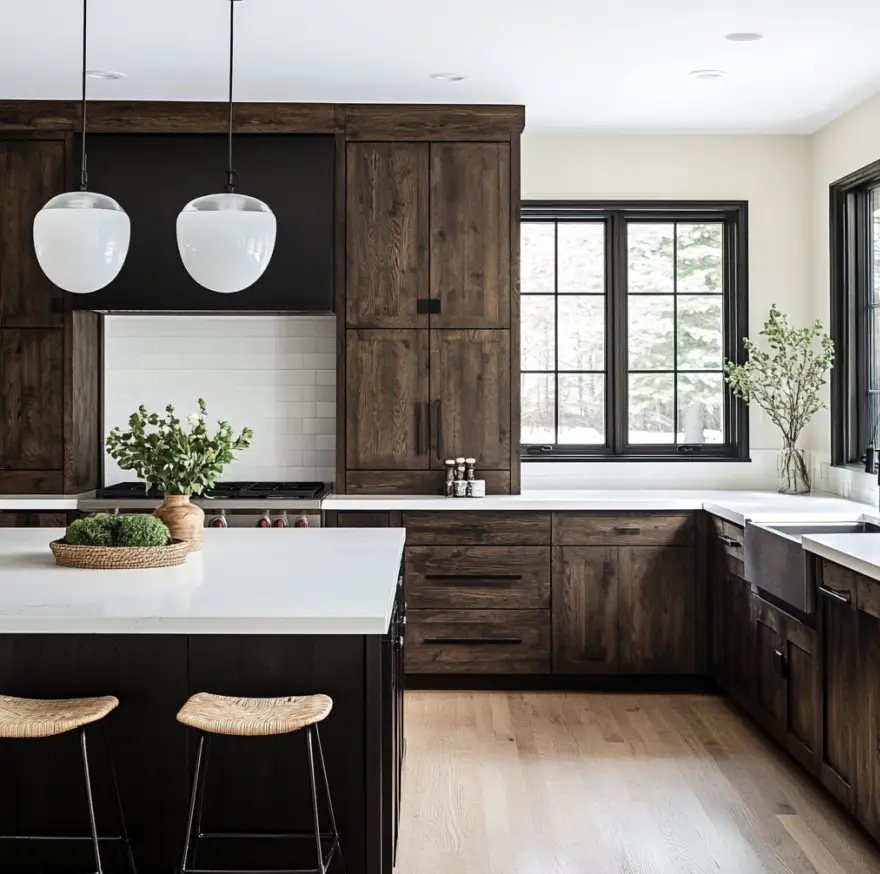 Open and airy kitchen with dark cabinets and white countertops.